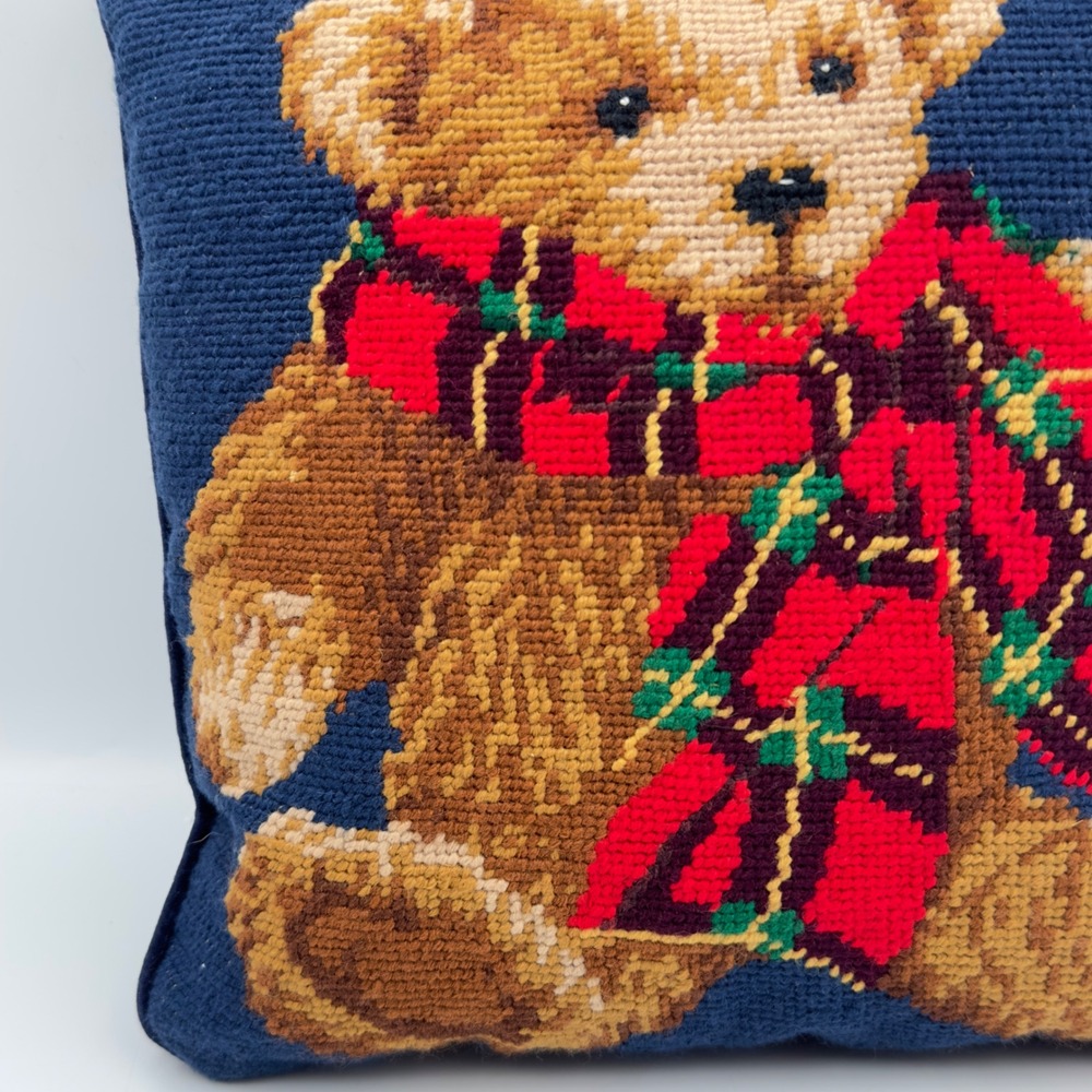 Vintage Needlepoint Teddy Bear Throw Pillow Navy Blue Velvet Plaid Scarf 11x11 - Picture 3 of 7